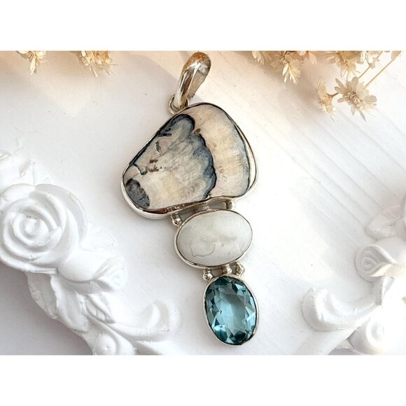 Agate, Mother of Pearl & Aquamarine Gemstone Sterling Silver 925 Vintage Pendant - Picture 3 of 10